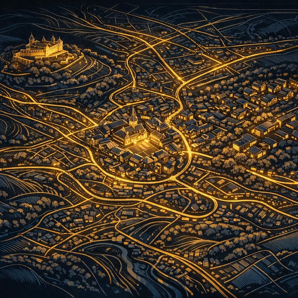 Stilisierte topografische Karte der Region Coburg mit goldenen Akzenten