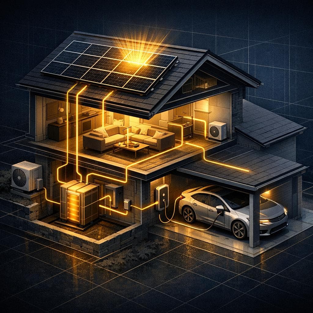 Isometrische Darstellung eines Hauses mit PV, Speicher, Wärmepumpe und Wallbox – Energieflüsse zwischen den Komponenten