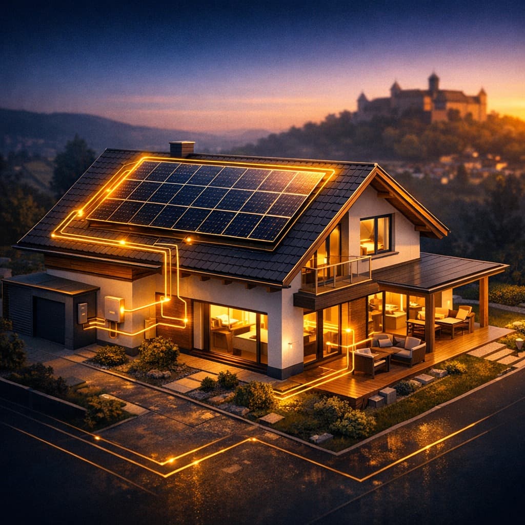 Modernes Eigenheim mit Photovoltaik-Anlage in der Region Coburg, Sonnenuntergangs-Licht